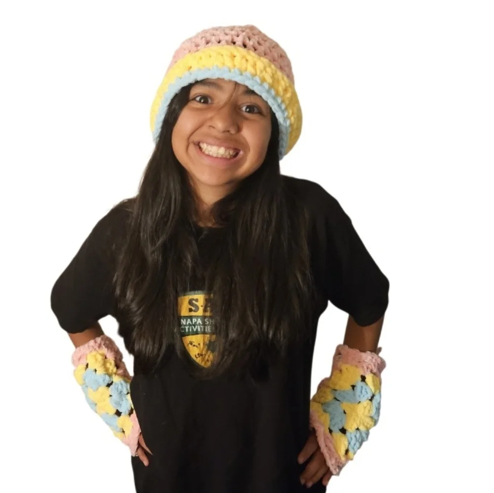 Handmade Pastel Crochet Beanie Wrist Warmers Set Pink Yellow Blue Hand Knit - Picture 12 of 16